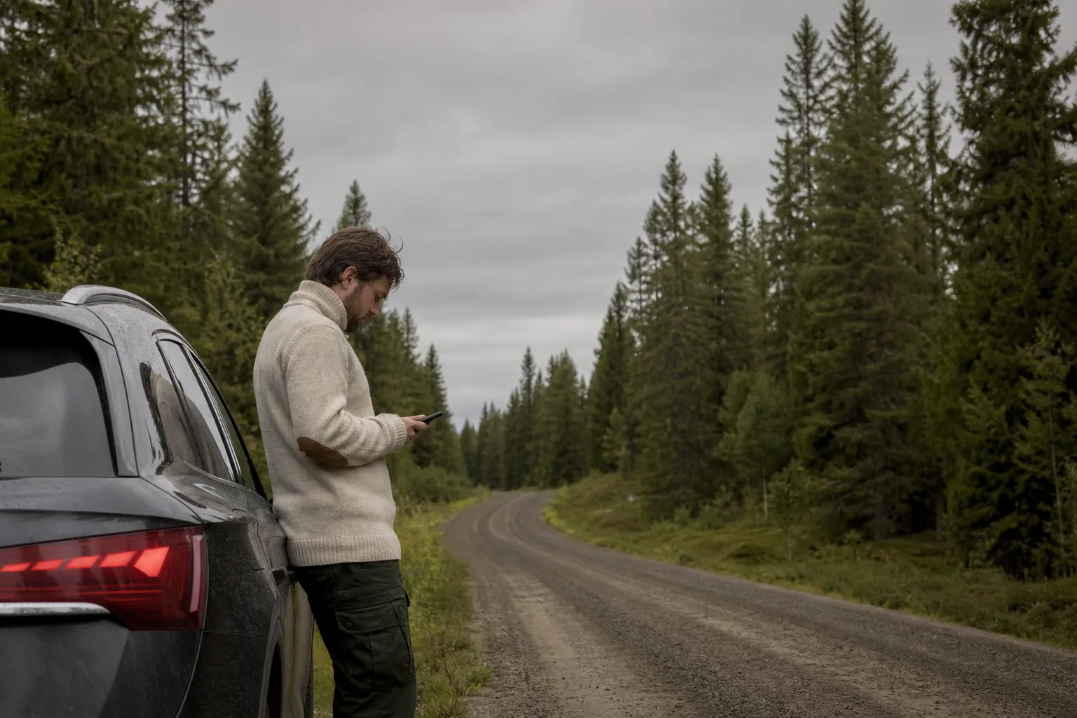 Grusväg genom djup norrländsk granskog med en bil stannad och en person som kollar 4G-täckningen på mobilen i mulet dagsljus