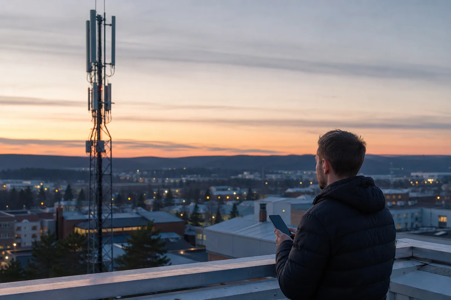 Modern 5G-antennmast mot en nordsvensk stadshorisont i skymning med en person som använder mobilen i förgrunden