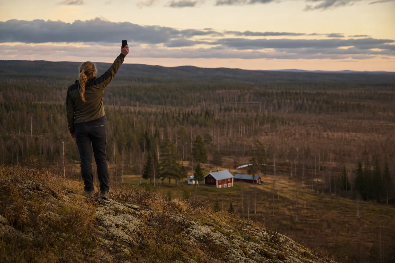 En person på en kulle vid en ensam röd gård i norrländsk glesbygd håller upp mobilen för att söka signal över skog och myr i lågt ljus.