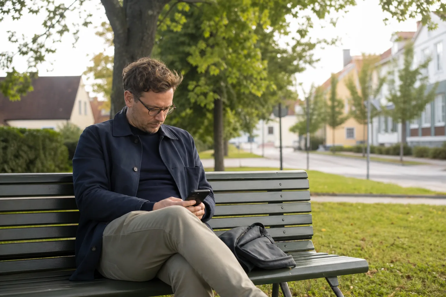 Person sitter på en parkbänk med mobilen i en svensk småstad i norr, lövträd och mjukt dagsljus