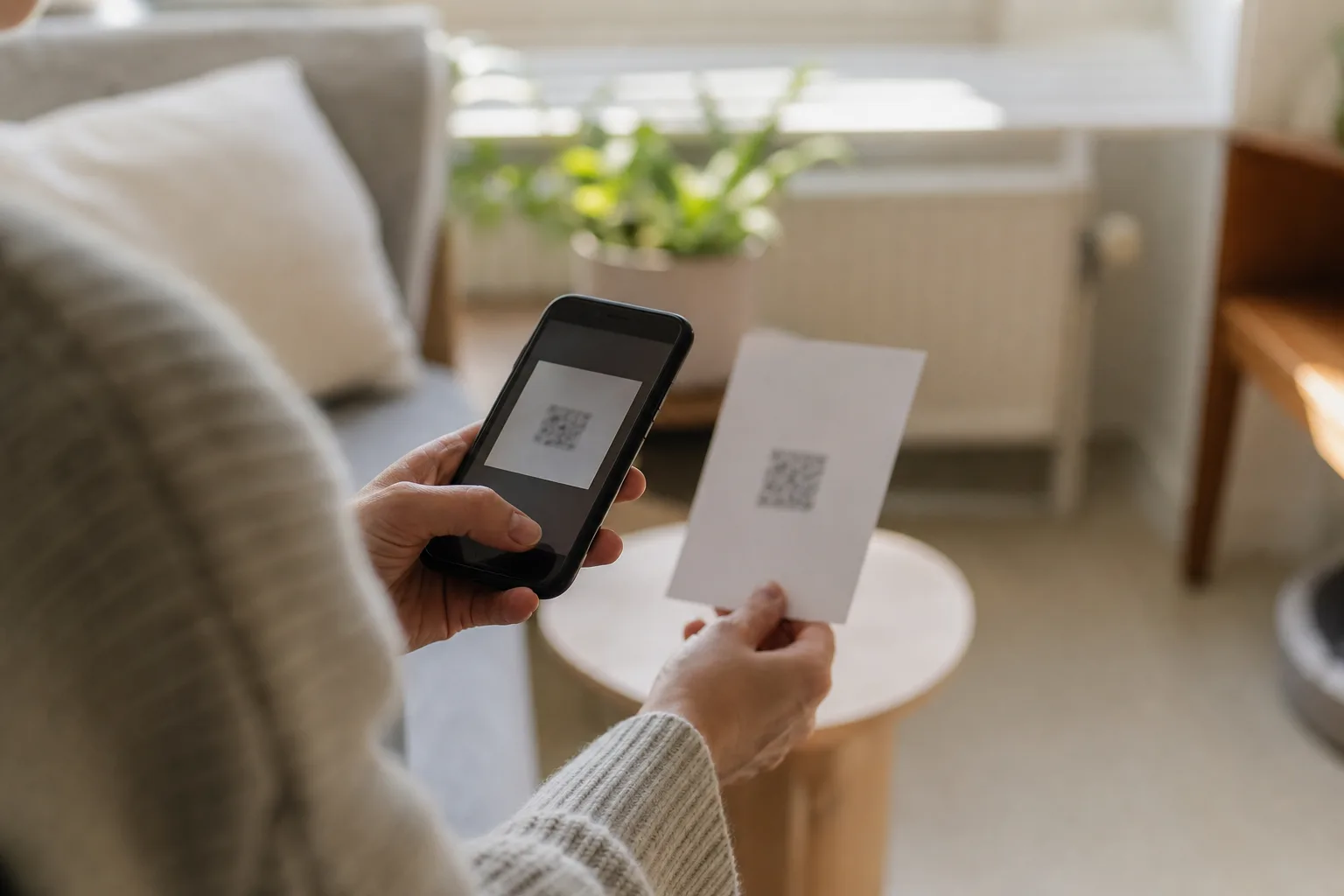 Närbild på händer som skannar en QR-kod med mobilen för att aktivera ett eSIM i ett ljust nordiskt hem