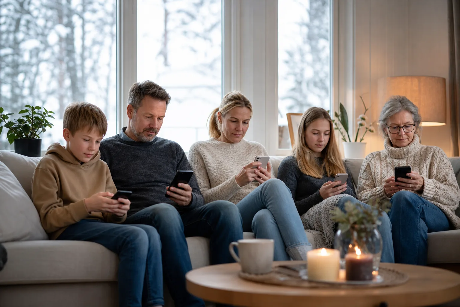 Nordisk familj i olika åldrar med var sin mobil i ett ljust vardagsrum med vintervy genom fönstret