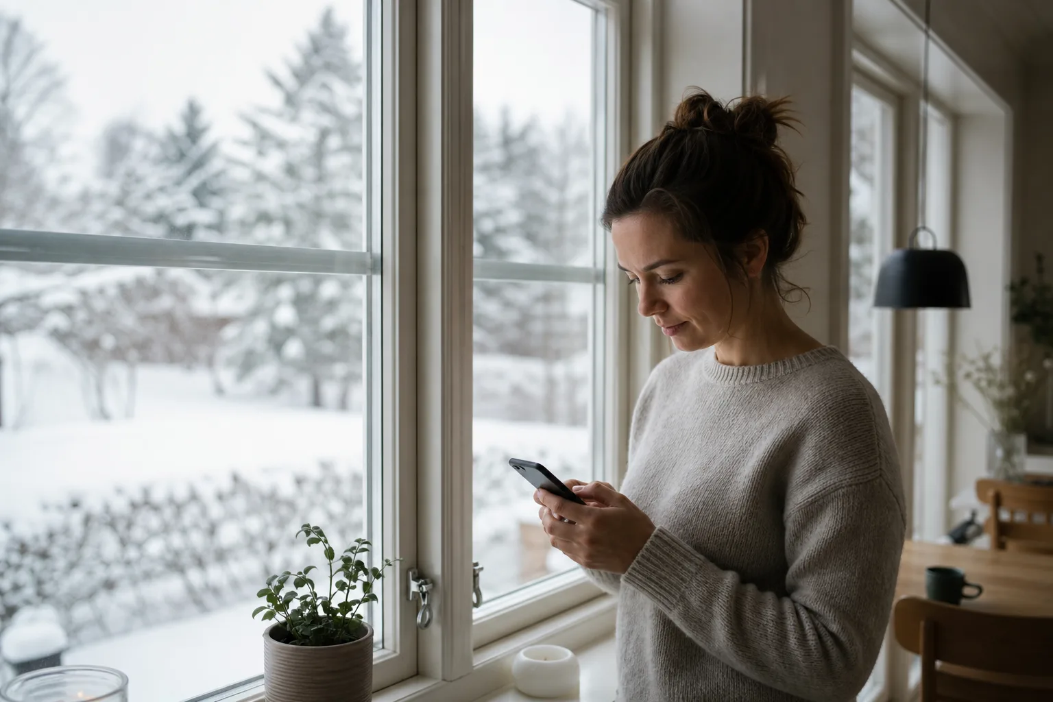 Person med mobil vid ett köksfönster i ett nordiskt hem med snötäckt vinterlandskap utanför i lugnt morgonljus – Fello kör på Telias nät i norr.