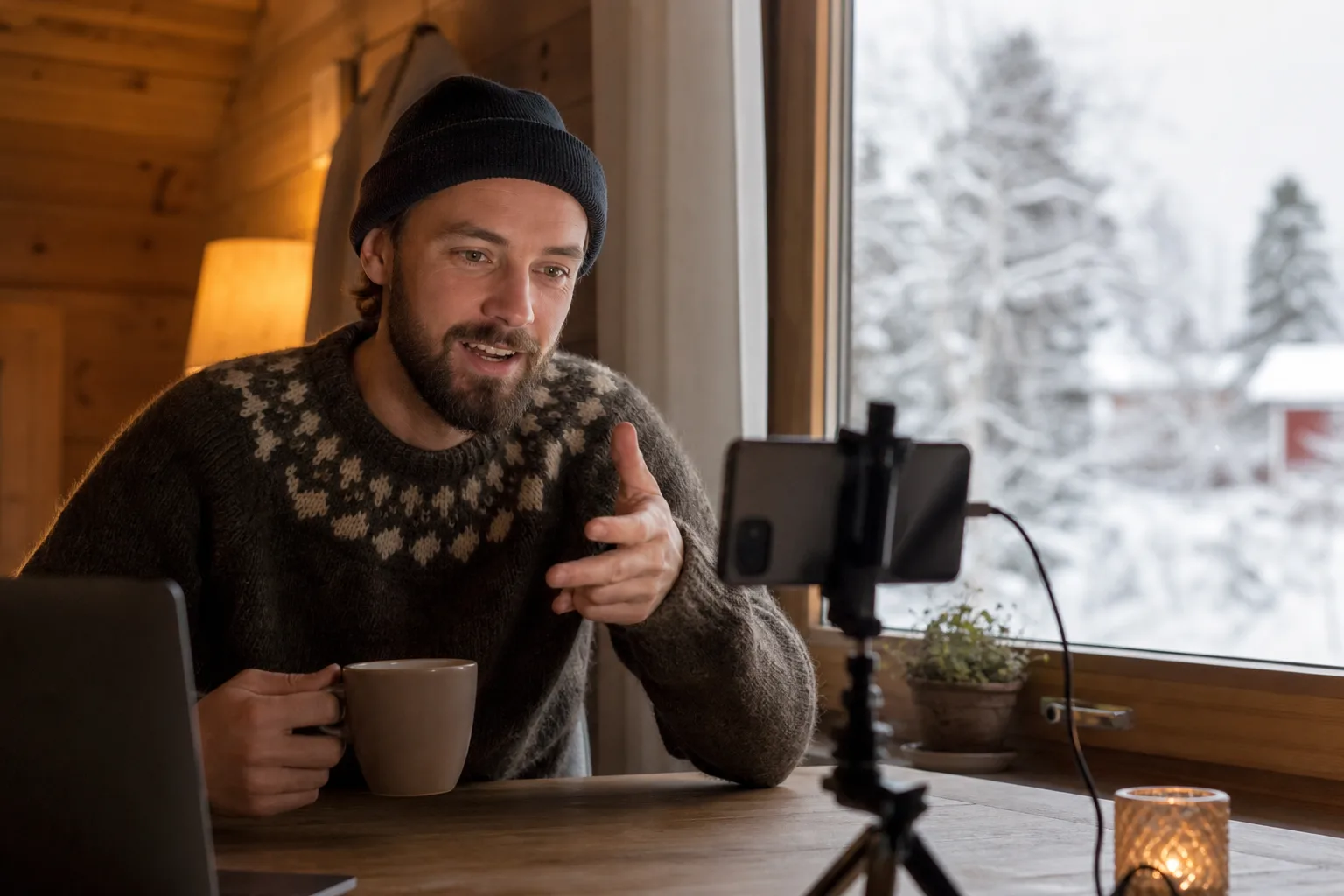 En person streamar på mobilen i en mysig stuga en norrländsk vinterkväll, med snö utanför fönstret och varmt inomhusljus.