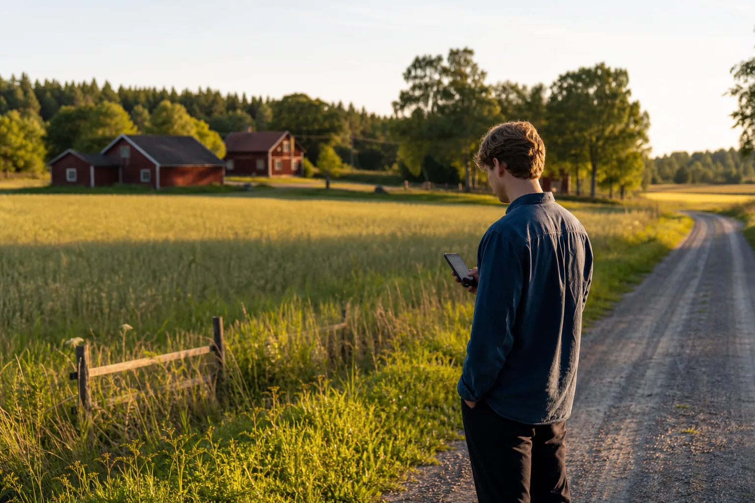 Hälsingsk landsbygd med röda timmergårdar och öppna åkrar, en person som kollar mobilen vid en grusväg i varmt sensommarljus.