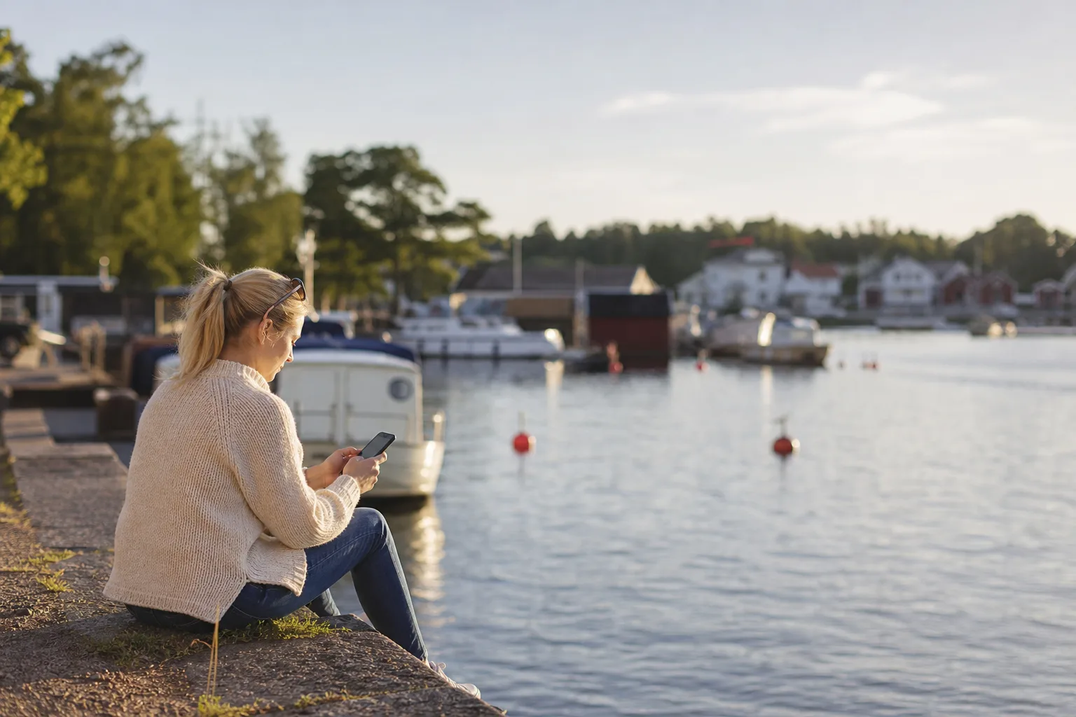 Småbåtshamn i Härnösand vid kusten i norra Sverige, en person tittar på mobilen vid vattnet i mjukt sommarljus