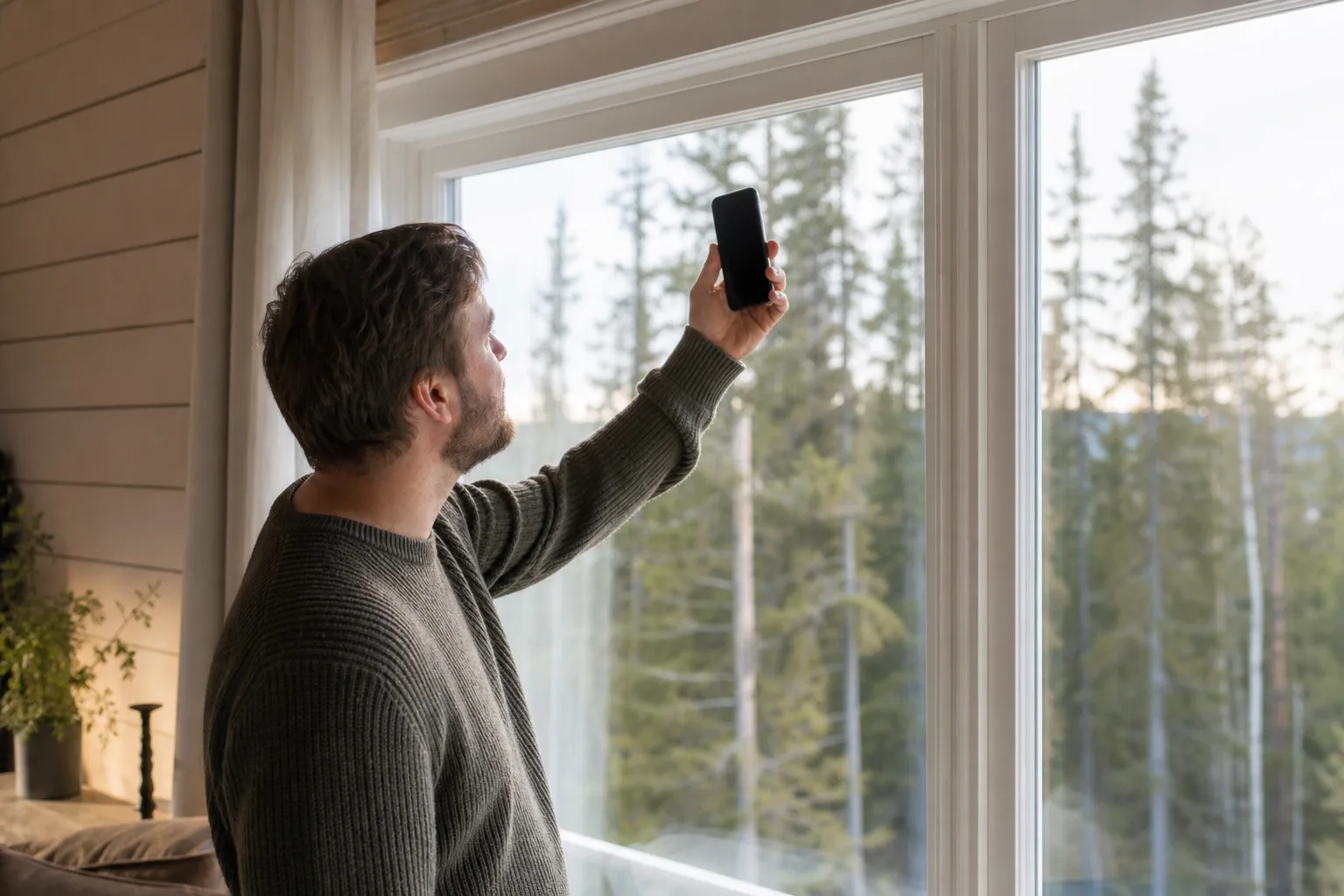 Person inomhus i ett norrländskt hus håller upp mobilen mot fönstret för att hitta signal, snöig skog syns utanför i dagsljus