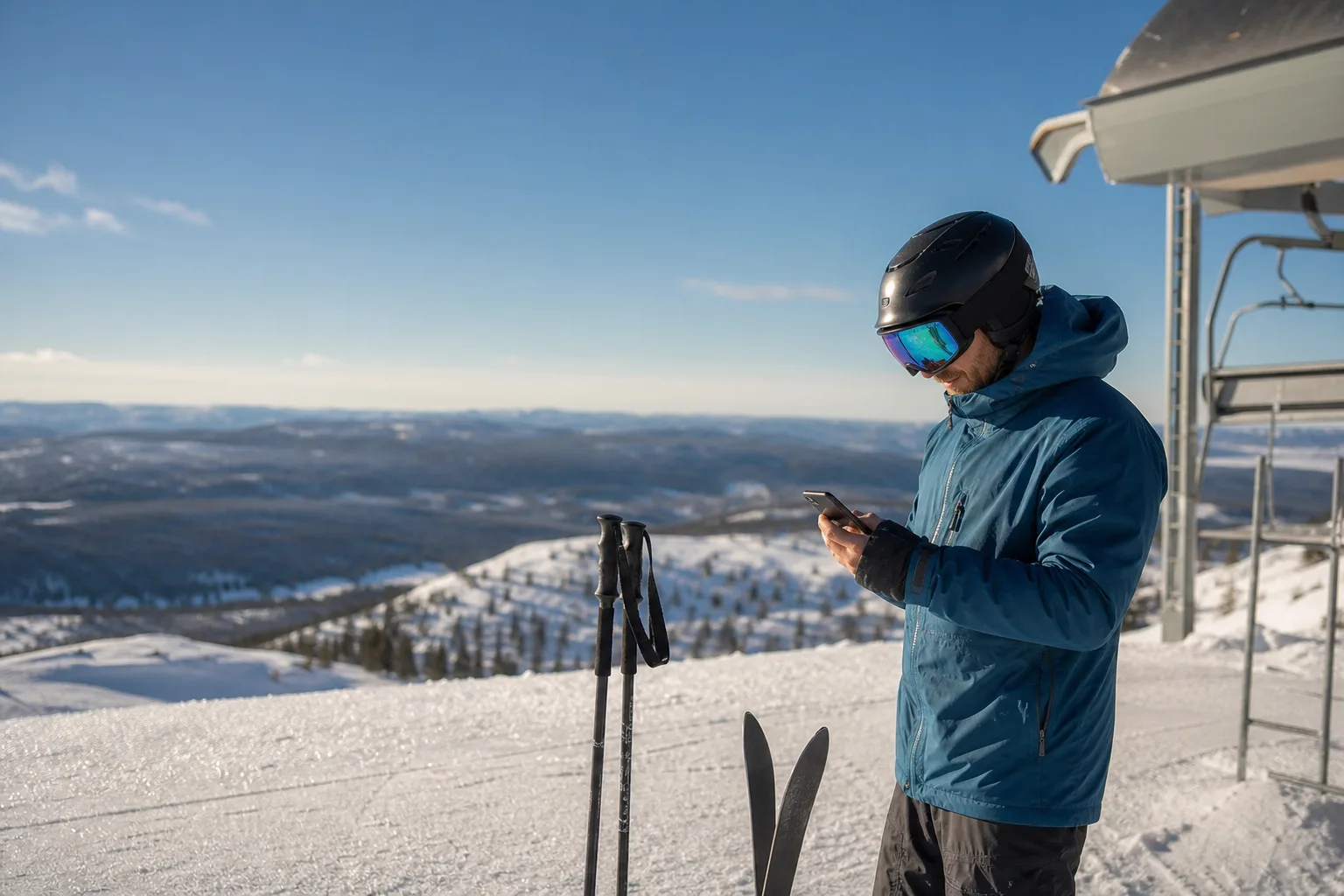 Skidåkare i skidkläder kollar mobilen vid en liftstation i de jämtländska fjällen, med snöklädda toppar och blå himmel.