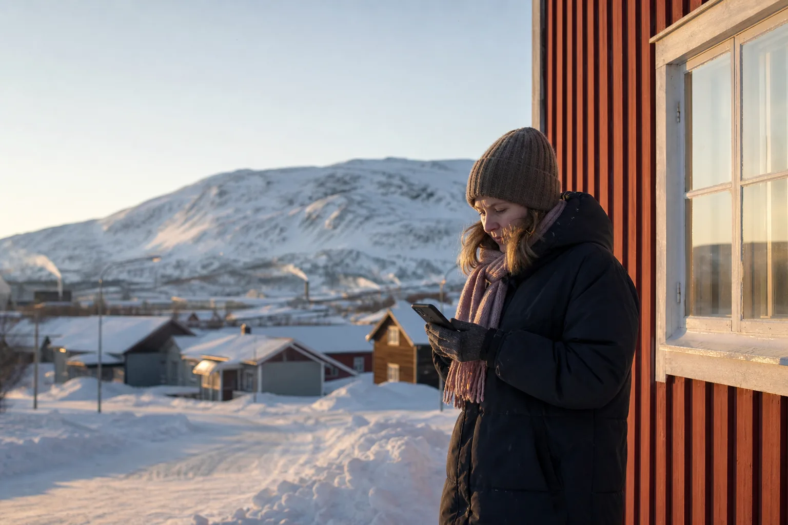 Person i vinterkläder med mobil utanför ett rött trähus i Kiruna, omgivet av kala fjäll och snö i lågt vinterljus
