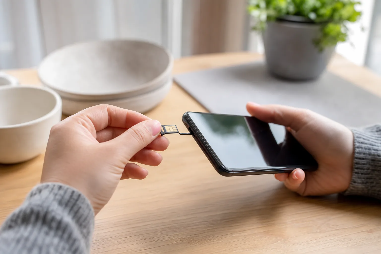 Hand som sätter i ett SIM-kort i en mobiltelefon vid ett bord i nordisk miljö