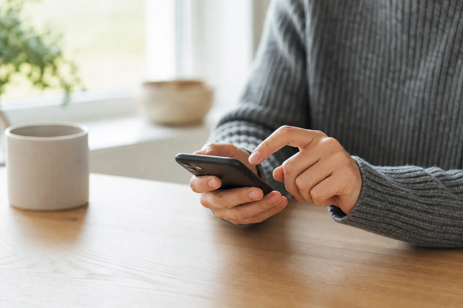 Hand som fyller på ett kontantkort i en mobiltelefon via en app i nordisk miljö med mjukt dagsljus