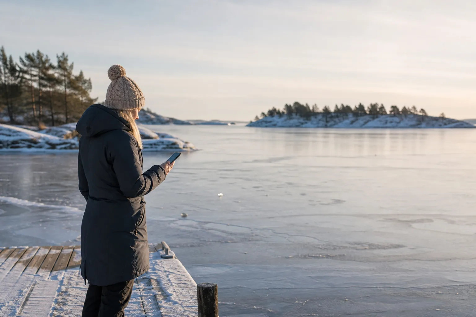 Person med mobil på en träbrygga i Luleå skärgård med snötäckta småöar och isbelagd kust i vinterljus