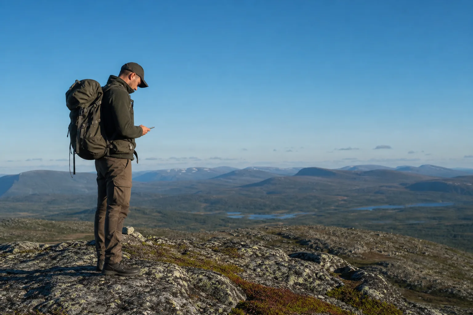 Fjällvandrare med ryggsäck som kollar mobilen på en bergskam i den svenska fjällvärlden, med vidsträckt fjäll och klarblå himmel