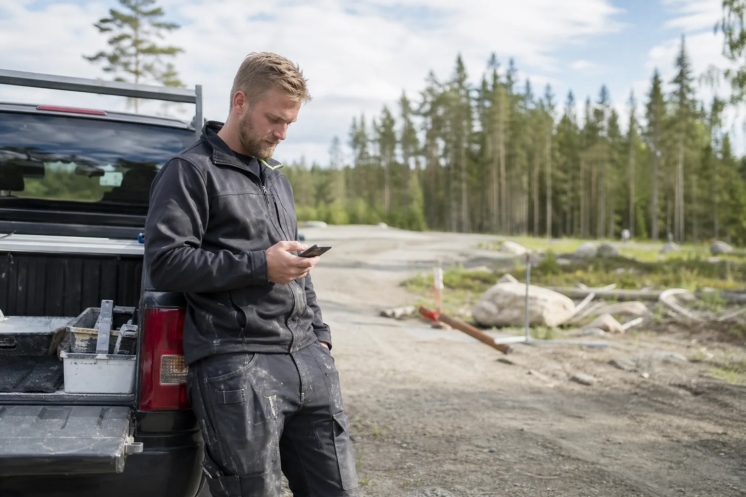 Egenföretagare i arbetskläder vid en pickup på en arbetsplats i norra Sverige som kollar mobilen i dagsljus med skog i bakgrunden