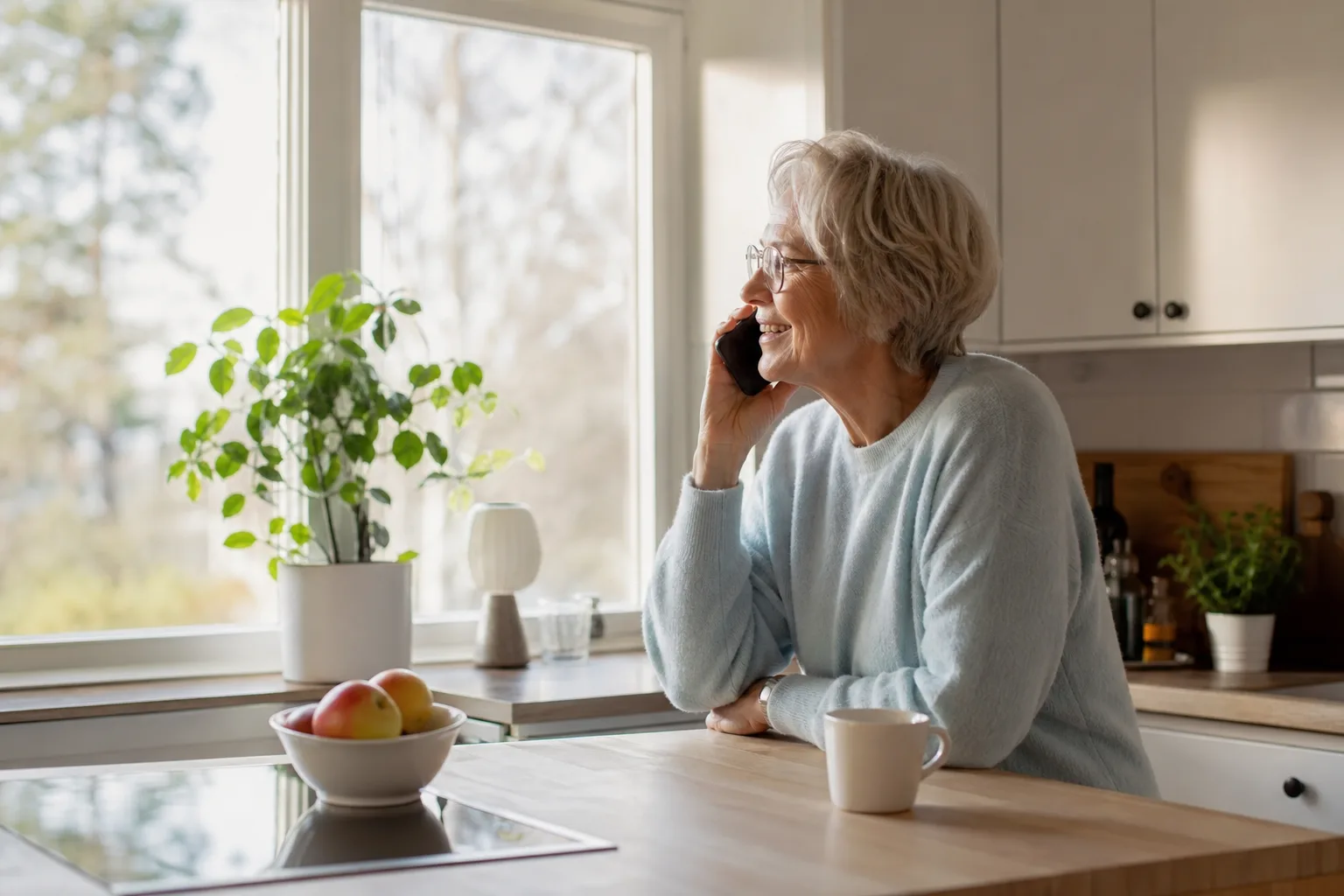 Äldre person sitter i ett ljust nordiskt kök och pratar leende i mobilen i varmt morgonljus