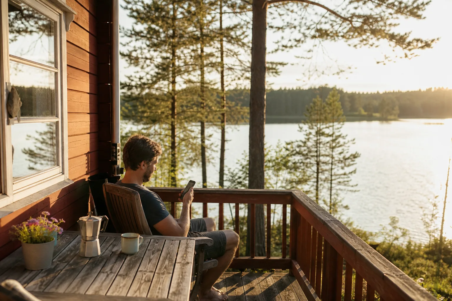 Röd timmerstuga vid en sjö i norrländsk sommar med en person på altanen som använder mobilen i kvällssolen