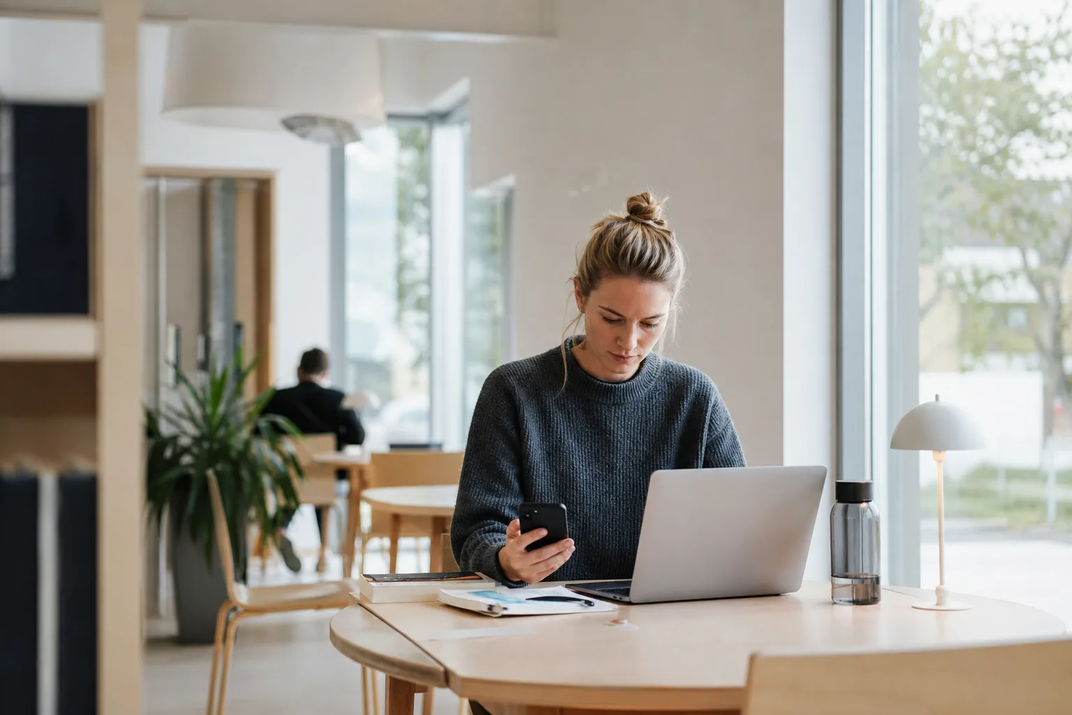 Student med mobil och laptop i ett ljust universitetsbibliotek i en nordsvensk studentstad