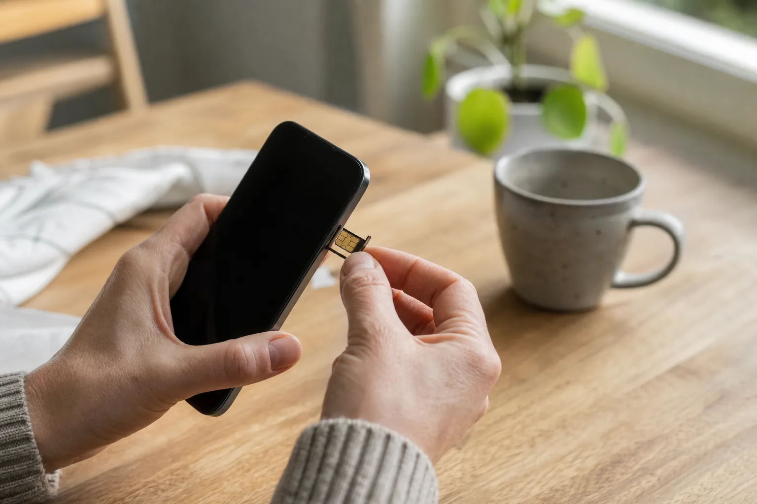 Närbild på två händer som sätter i ett SIM-kort i en mobiltelefon vid ett köksbord i nordiskt dagsljus