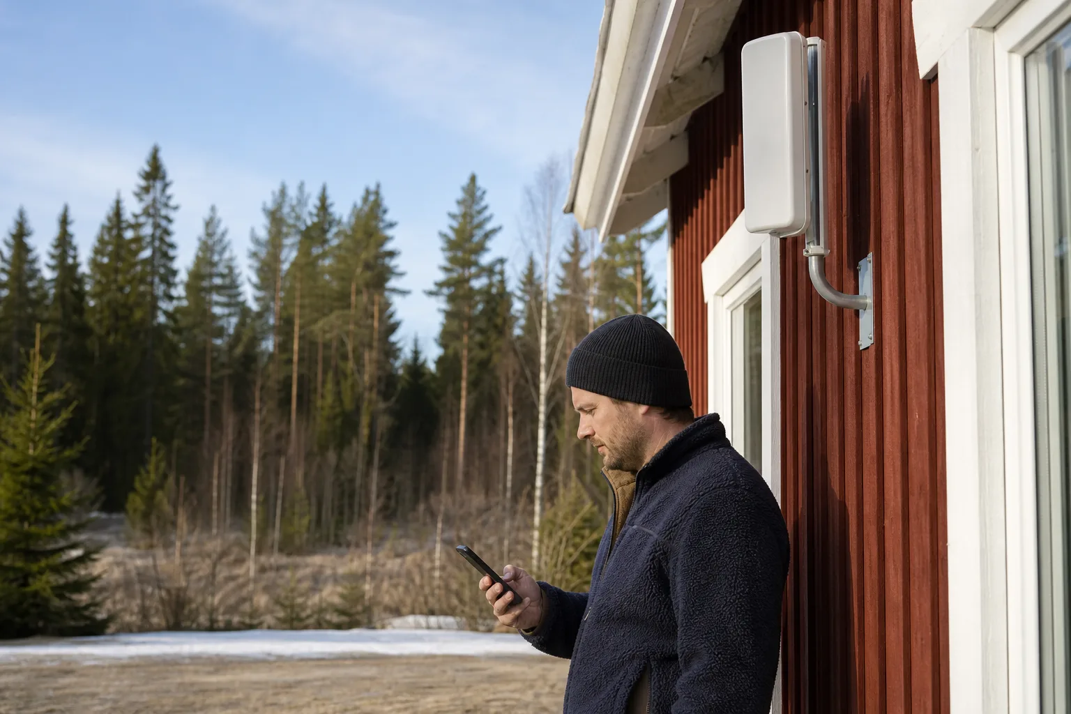 En utomhusantenn monterad på en husvägg på den norrländska landsbygden, med en person som håller upp mobilen framför huset och tät granskog i bakgrunden i dagsljus.