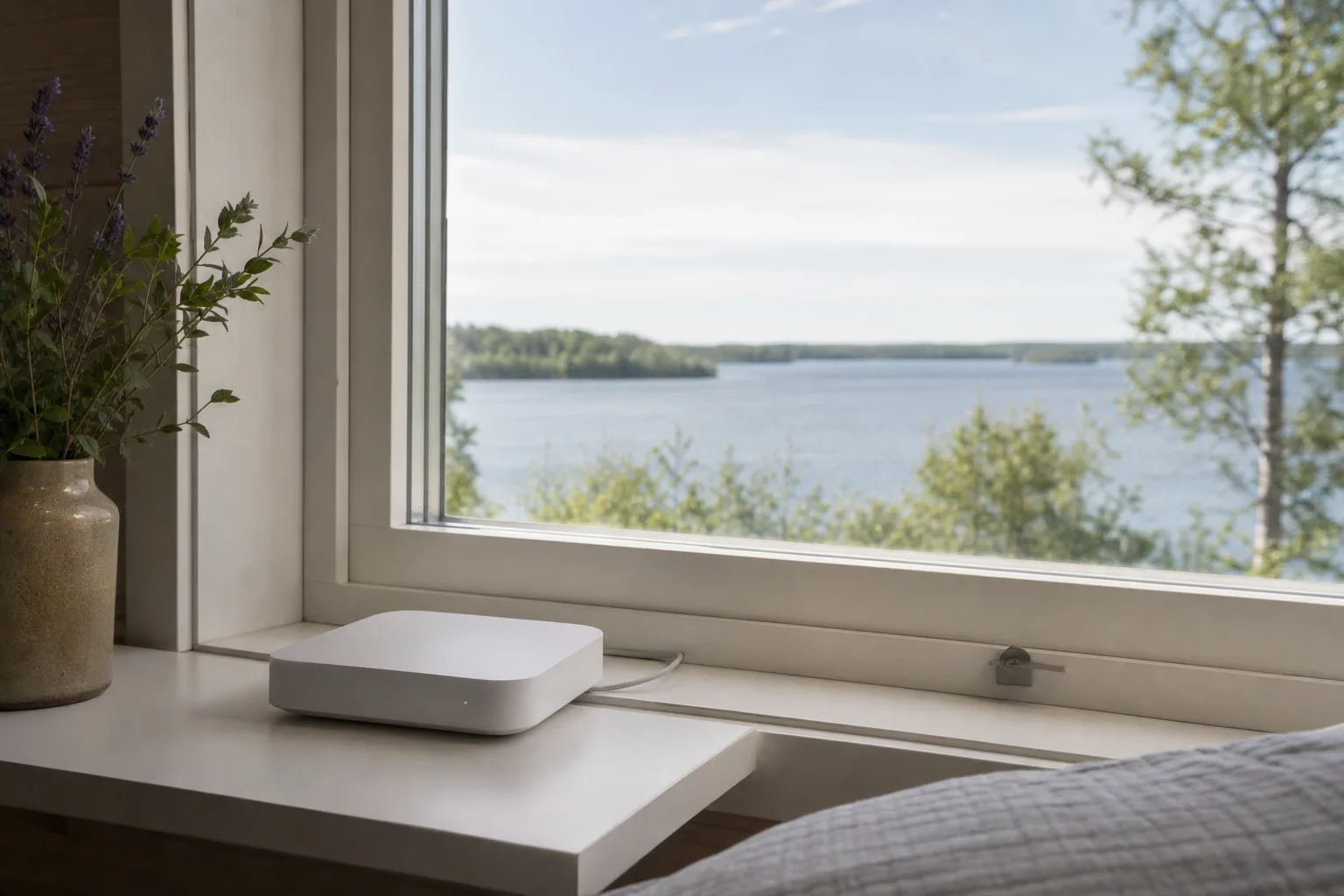 Liten trådlös router på ett fönsterbräde i en norrländsk sommarstuga med sjöutsikt i nordiskt sommarljus