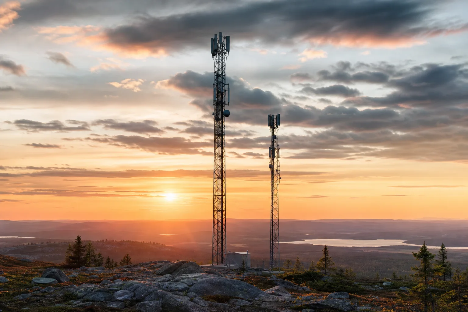 Två telekommaster på en höjd i ett vidsträckt nordsvenskt fjäll- och skogslandskap under en dramatisk himmel