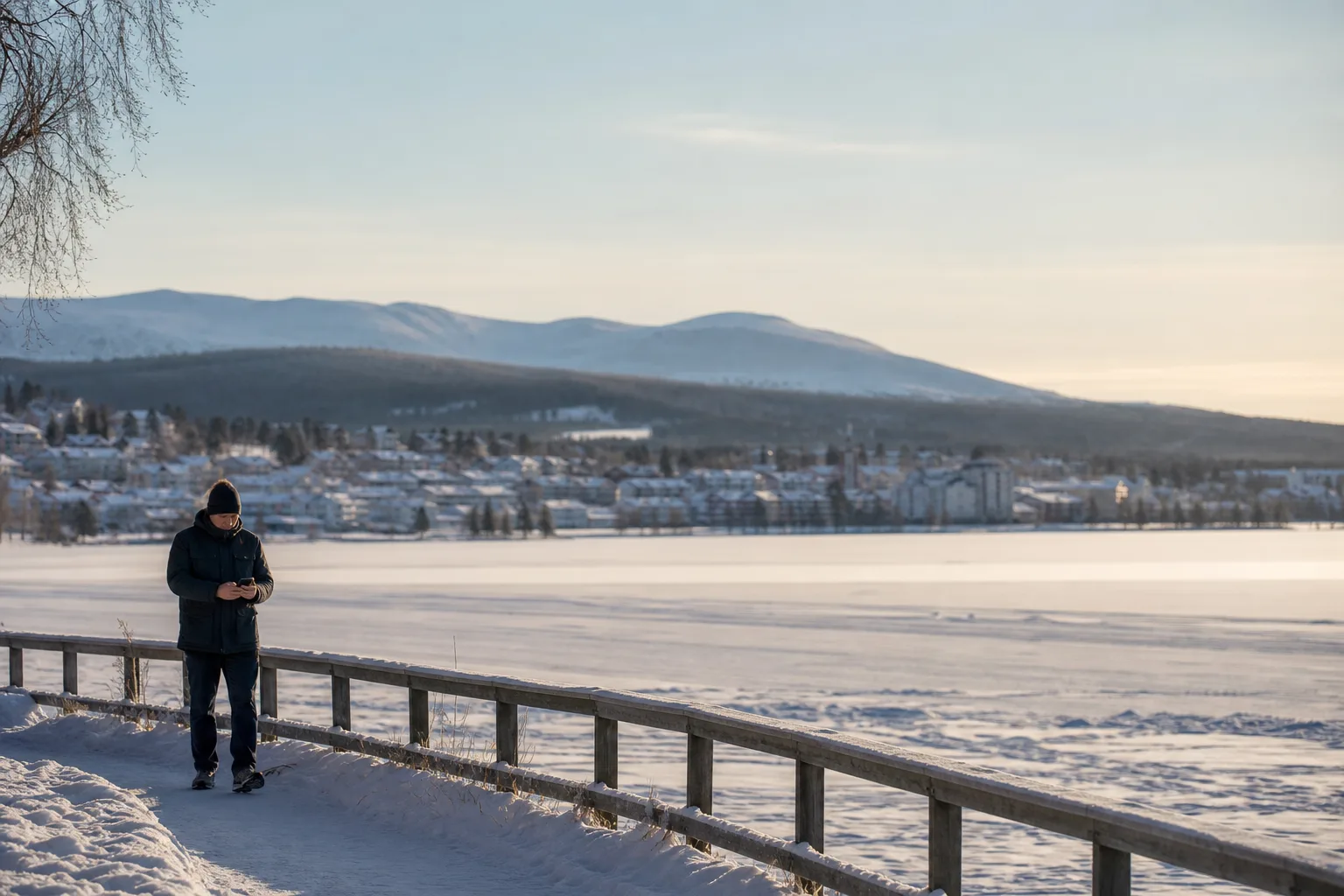 En person med mobil på en strandpromenad vid den frusna Storsjön i Östersund, klart kallt vinterljus och fjäll i fjärran.