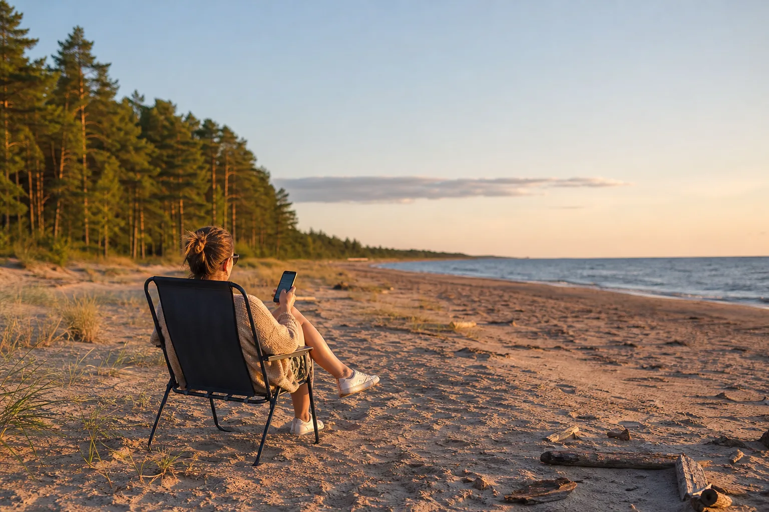 Person med mobil i en solstol på en lång sandstrand vid Bottenviken i Piteå en ljus nordisk sommarkväll med tallar i bakgrunden