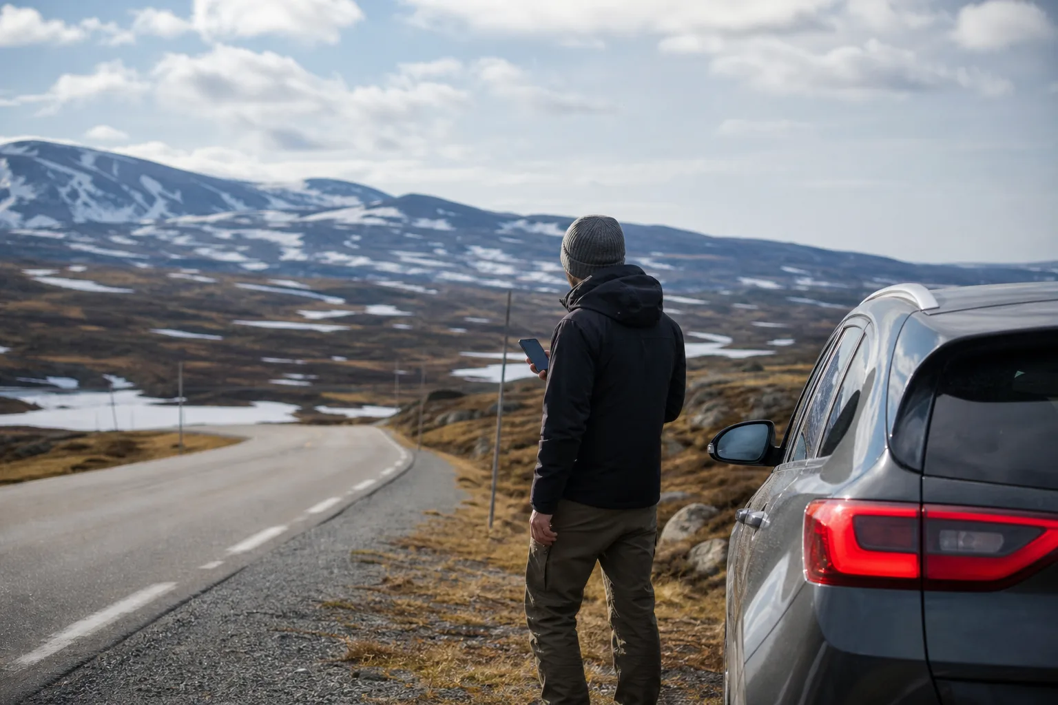 Bil på en fjällväg nära en landsgräns i norra Skandinavien med en person utanför bilen som tittar på sin mobil, vidsträckt fjäll i dagsljus