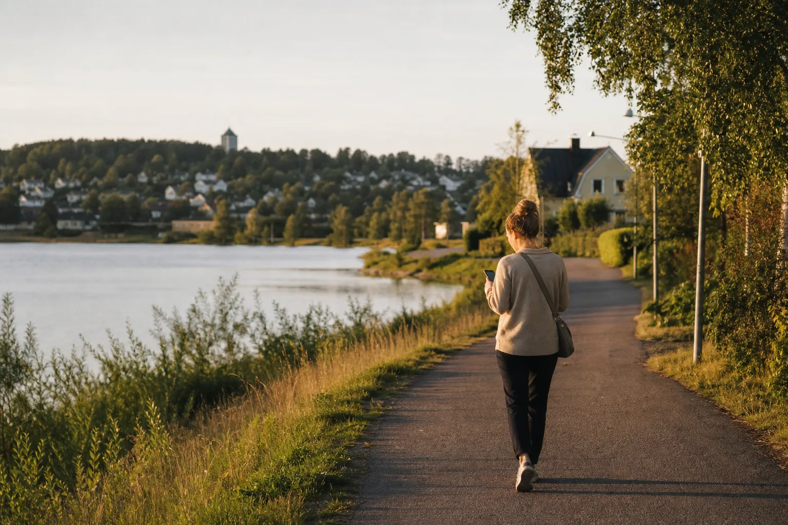 Industristad i Gästrikland med villakvarter vid en sjö, en person med mobil på en gångväg i sensommarljus