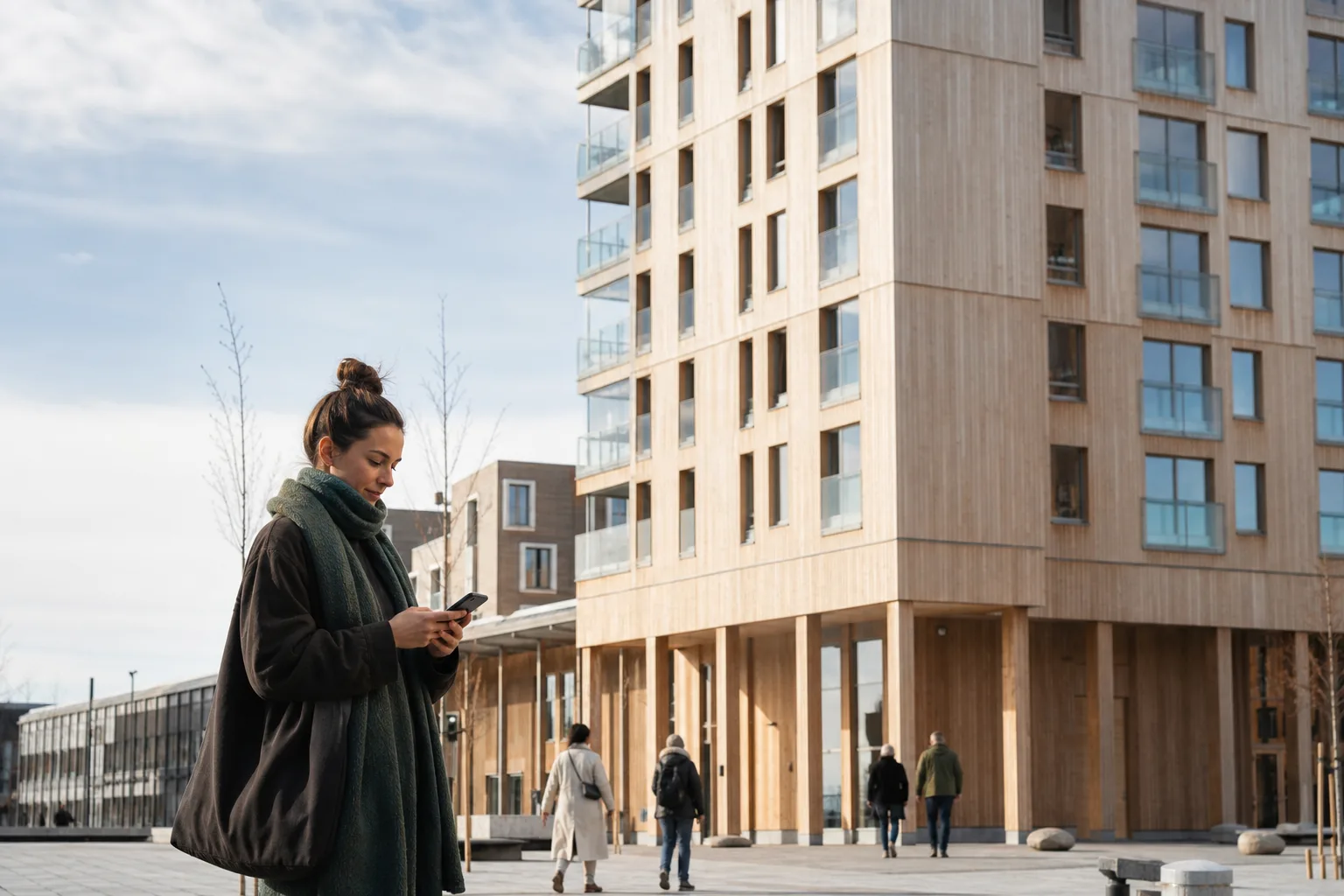 Person med mobil på ett öppet torg framför en hög samtida träbyggnad i Skellefteå, dagsljus och folk i rörelse