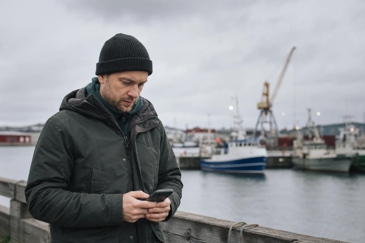 Person med mobil på en kustbrygga i en norrländsk hamnstad vid Bottenhavet, fiskebåtar och kran i bakgrunden