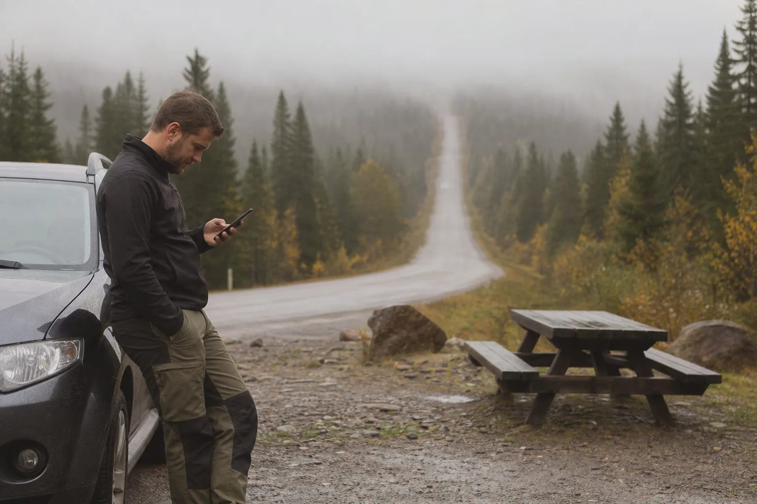Bilist som stannat vid en rastplats längs en lång rak skogsväg i norrländskt inland och tittar på mobilen, med dis och granskog – var Net4Mobility-nätet räcker till spelar roll i glesbygden.