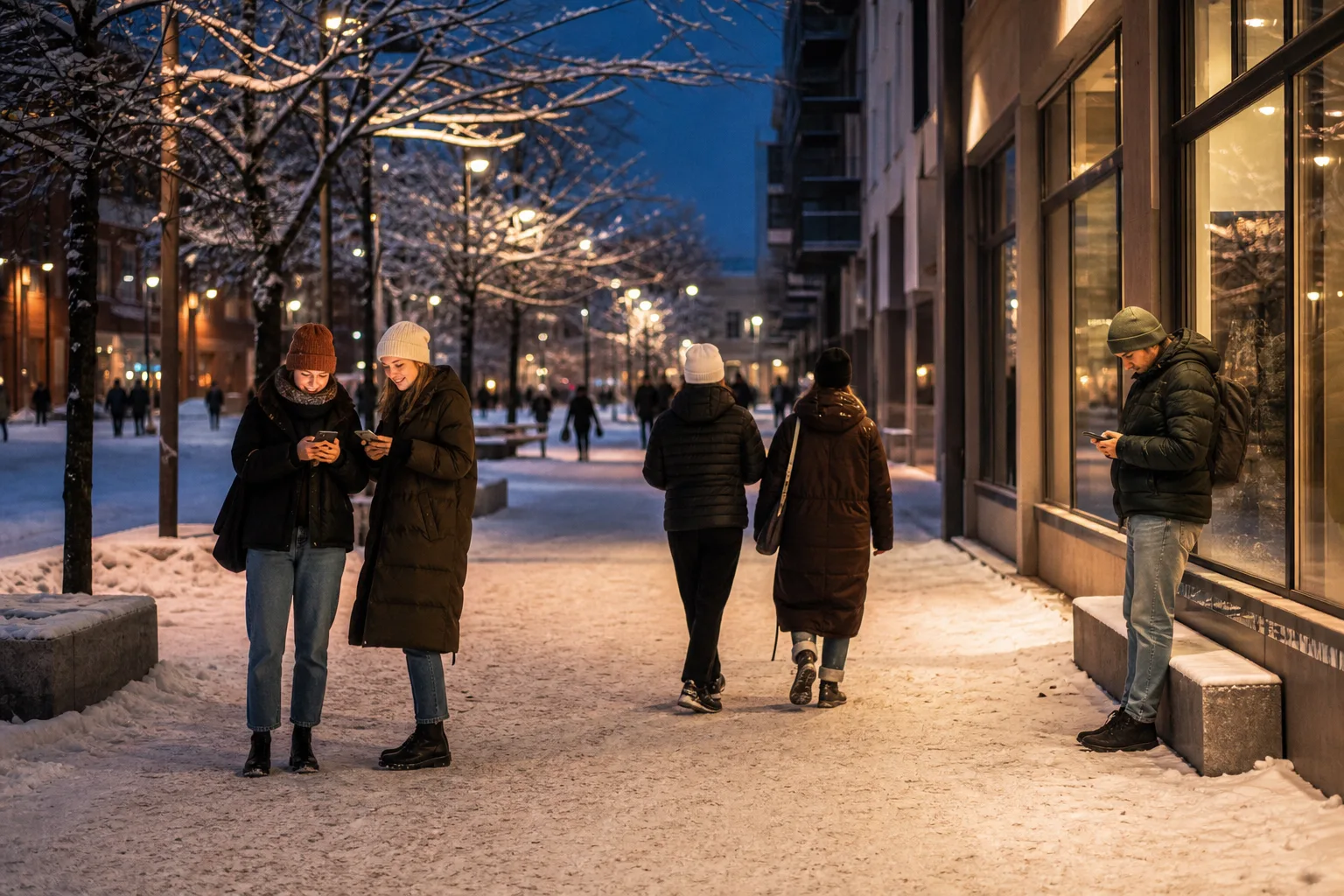Unga personer med mobiler vid en upplyst gågata i en nordsvensk universitetsstad i snörik vinterskymning, butiksfönster lyser längs gatan.