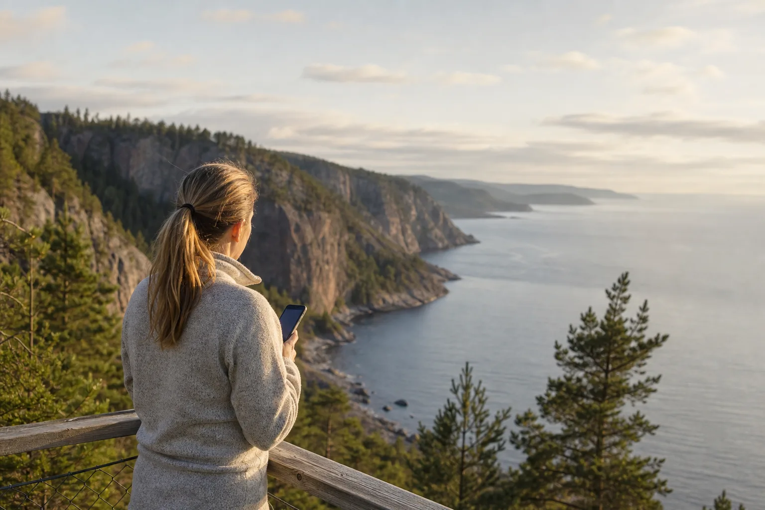 Utsiktsplats på Höga kusten i Västernorrland med branta klippor mot havet och granskog, en person som kollar mobiltäckningen