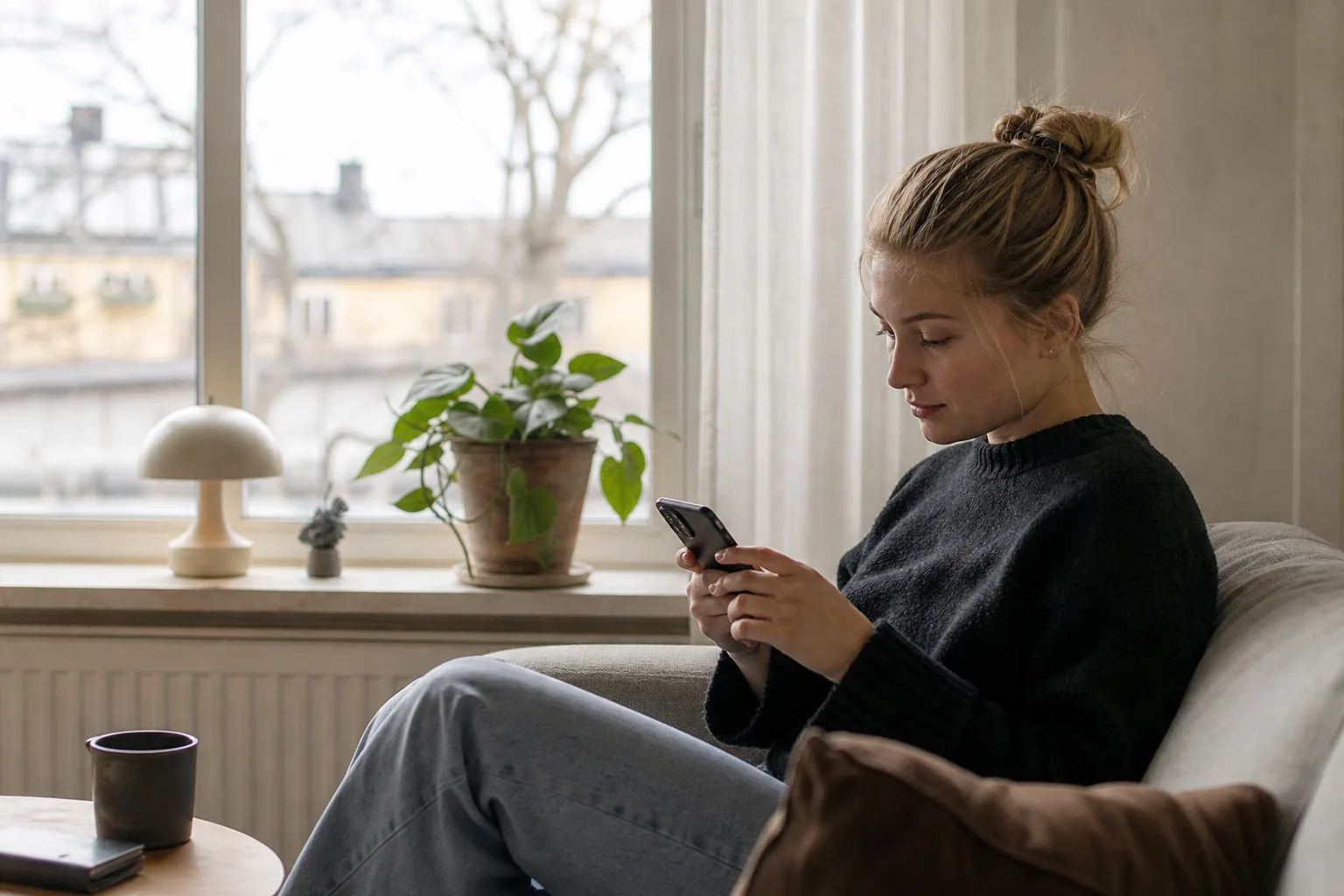 Ung person med mobilen i en ljus, minimalistisk nordisk lägenhet med dagsljus genom ett stort fönster – Vimla är app-baserat och kör på Telenors nät.