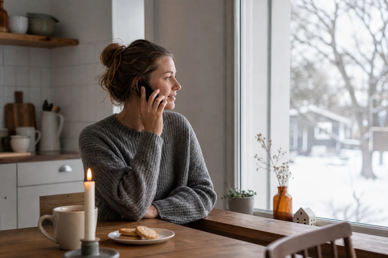 Person står vid köksfönstret och pratar i mobilen med 4G-samtal i ett varmt upplyst nordiskt kök, snötäckt vinterlandskap utanför