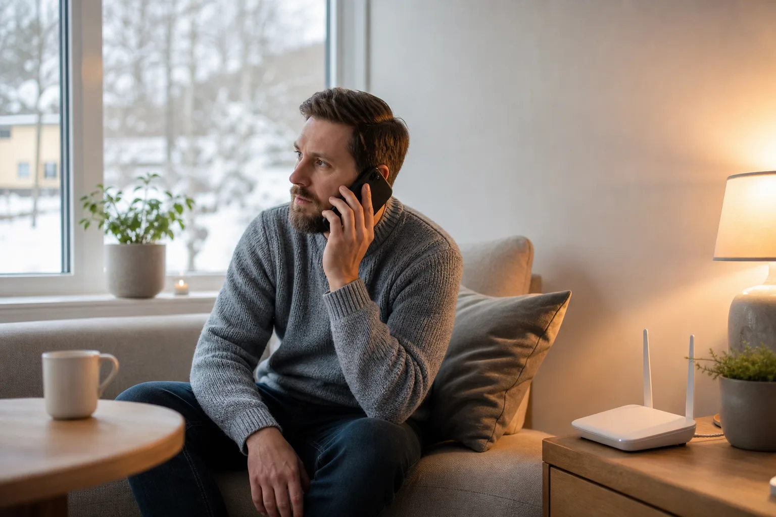 Person pratar i mobilen i ett varmt upplyst nordiskt vardagsrum nära en wifi-router med snöigt vinterlandskap utanför fönstret
